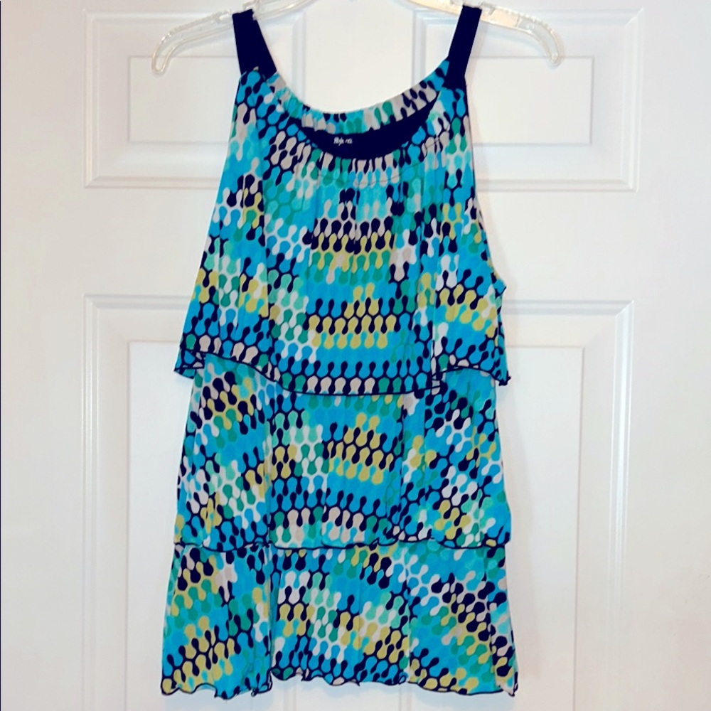 Style & Co A-Line Colorful Tank Tunic Top L Green Blue Layered Polka Dot